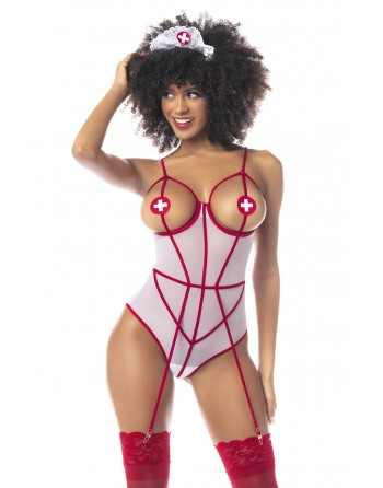 Costume d'infirmière avec body blanc et rouge - MAL6487COS