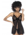 Babydoll en dentelle et résille noire ouvert sur le devant - MAL7501BLK