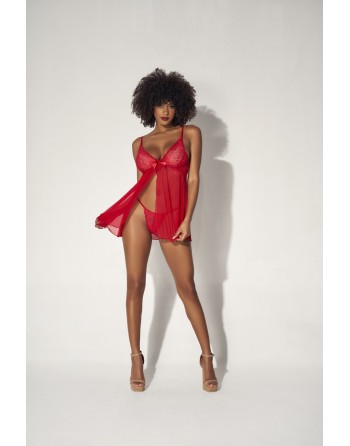 Babydoll en dentelle et résille rouge ouvert sur le devant - MAL7501RED