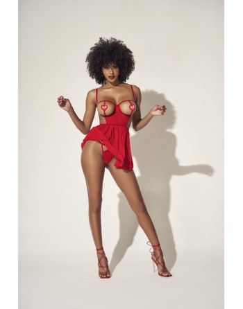 Nuisette fine résille rouge avec bonnets ouverts et string  - MAL7508RED