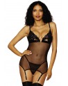 Nuisette en dentelle et résille noire avec chainette dorée amovible, porte jarretelles et string assorti - DG12712BLK