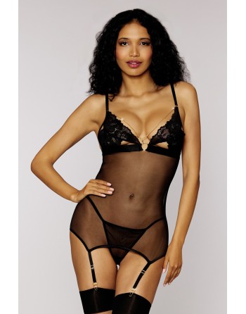 Nuisette en dentelle et résille noire avec chainette dorée amovible, porte jarretelles et string assorti - DG12712BLK