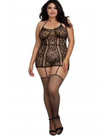 Combinaison grande taille en dentelle et lanières entrecroisées devant et derrière - DG0331XBLK