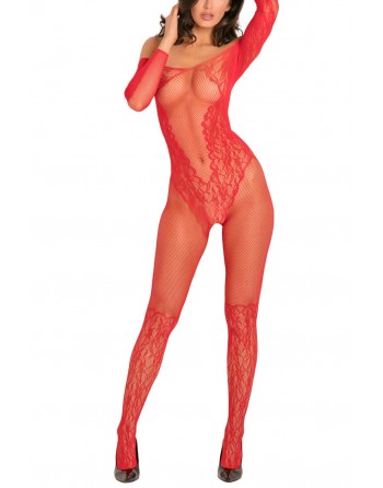 Bodystocking rouge effet body ouvert à l'entre-jambes et sur les fesses - REN7065-RED