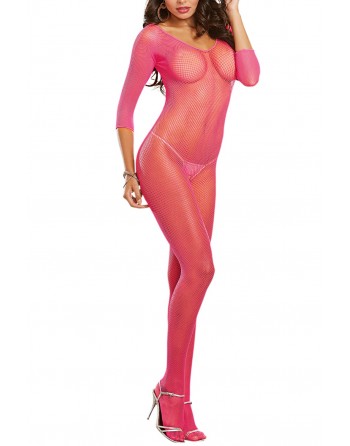 Bodystocking rose fluo résille ouvert à l'entre-jambes - DG0015HPK