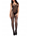 Bodystocking noir effet body jarretelles dentelle résille avec multiples bretelles - ML1783BLK