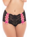 Shorty noir en dentelle et rubans entrecroisés rose sur les côtés - REN1162-BLK