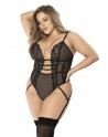 Body string grande taille en dentelle et résille noire transparente - MAL8683XBLK