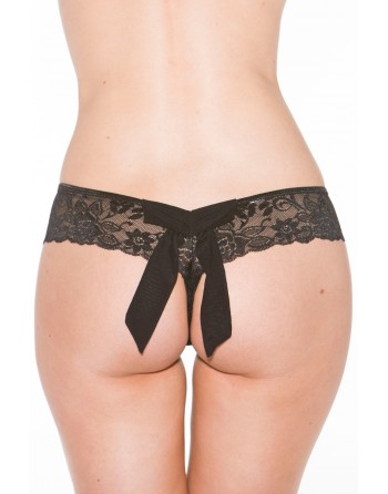 Tanga string noir en dentelle avec noeud arrière - SOH31035BLK