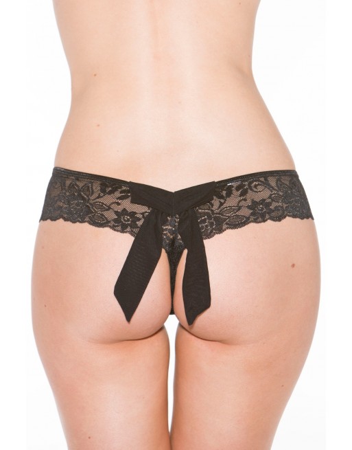 Tanga string noir en dentelle avec noeud arrière - SOH31035BLK