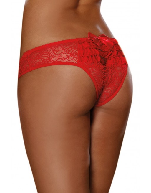 Tanga ouvert rouge dentelle avec noeud sur les fesses - DG1300RED