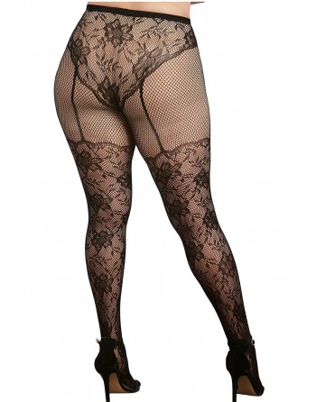 Collant grande taille dentelle et résille dans un style culotte taille haute - DG0346XBLK