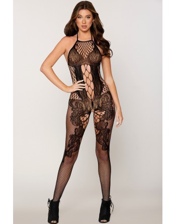 Bodystocking manches longues effet body et bas noir - DG0444BLK