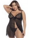 Babydoll, grande taille, en dentelle et résille noire ouvert sur le devant - MAL7501XBLK