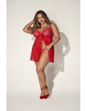 Babydoll, grande taille, en dentelle et résille rouge ouvert sur le devant - MAL7501XRED