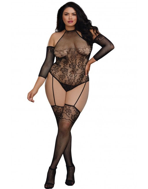 Bodystocking grande taille résille effet bas jarretelles - DG0310XBLK