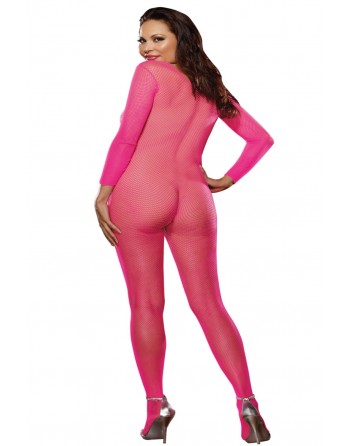 Bodystocking rose fluo résille grande taille ouvert à l'entre-jambes - DG0015XHPK