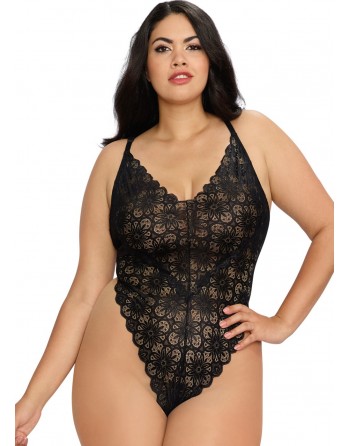 Body string noir grande taille échancré dentelle avec jupe de maille transparente amovible - DG10996XBLK