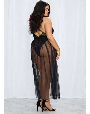 Body string noir grande taille échancré dentelle avec jupe de maille transparente amovible - DG10996XBLK