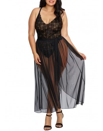 Body string noir grande taille échancré dentelle avec jupe de maille transparente amovible - DG10996XBLK