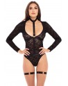 Body dentelle manches longues, harnais et jarretières - REN50019-BLK