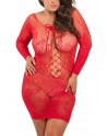 Nuisette grande taille rouge fine résille manches longues - REN7067X-RED