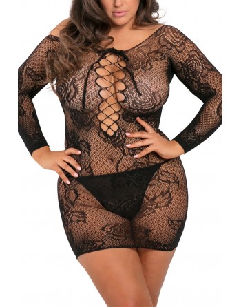 Nuisette grande taille noire fine résille manches longues - REN7067X-BLK