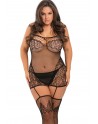 Bodystocking grande taille effet robe jarretelles et bas - REN7064X-BLK