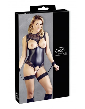 Body en dentelle et simili cuir ouvert avec menottes -  OR2642239BLK