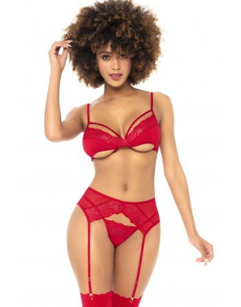 Ensemble 3 pièces rouge, Soutien gorge, porte jarretelles et string - MAL8726RED