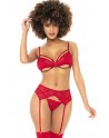 Ensemble 3 pièces rouge, Soutien gorge, porte jarretelles et string - MAL8726RED