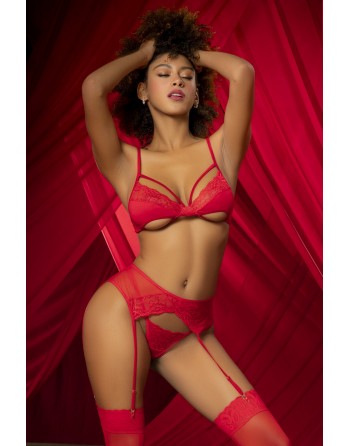 Ensemble 3 pièces rouge, Soutien gorge, porte jarretelles et string - MAL8726RED