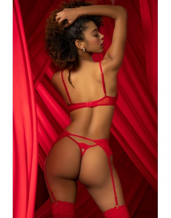 Ensemble 3 pièces rouge, Soutien gorge, porte jarretelles et string - MAL8726RED