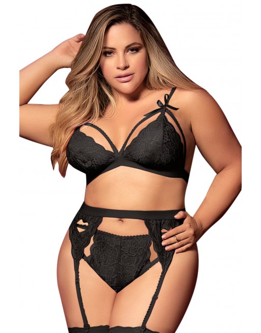 Ensemble 3 pièces noir grande taille  soutien-gorge string porte-jarretelles - MAL8221XBLK