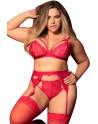 Ensemble 3 pièces rouge grande taille  soutien-gorge string porte-jarretelles - MAL8221XRED