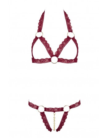 Soutien-gorge ouvert et string rouge à larges bandes sexy - R2213010