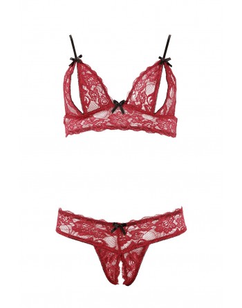 Soutien-gorge, bonnets ouverts, en dentelle rouge et string assorti - R2212447